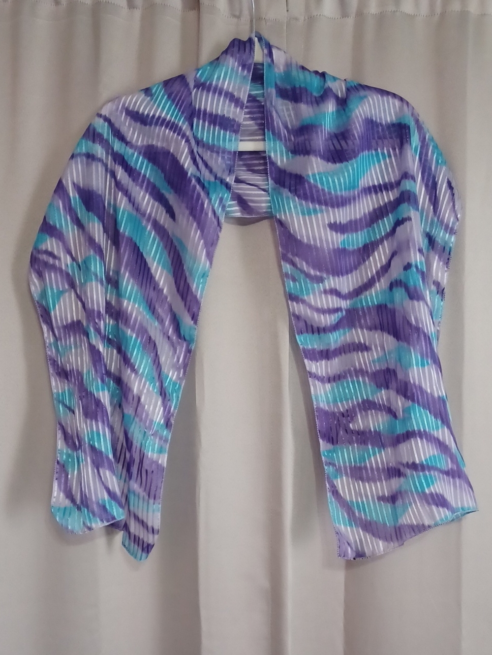 Vintage Kusan Korea Silk Feel Oblong Scarf 60×13 Striped Zebra Purple Teal